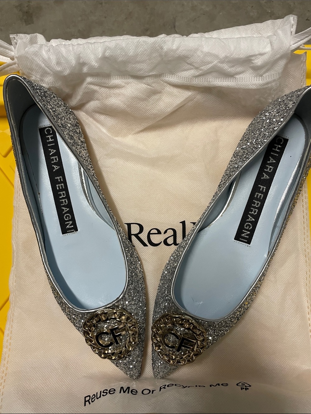 Brand New!!! Chiara Ferragni Silver Glitter Pointed Flats with Gold CF Emblem